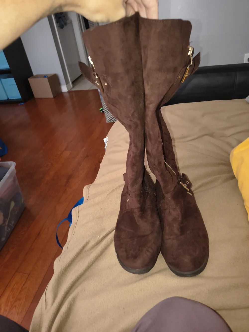 Women's Brown Quilted Suede Knee-High Boots with Gold Zip Accent